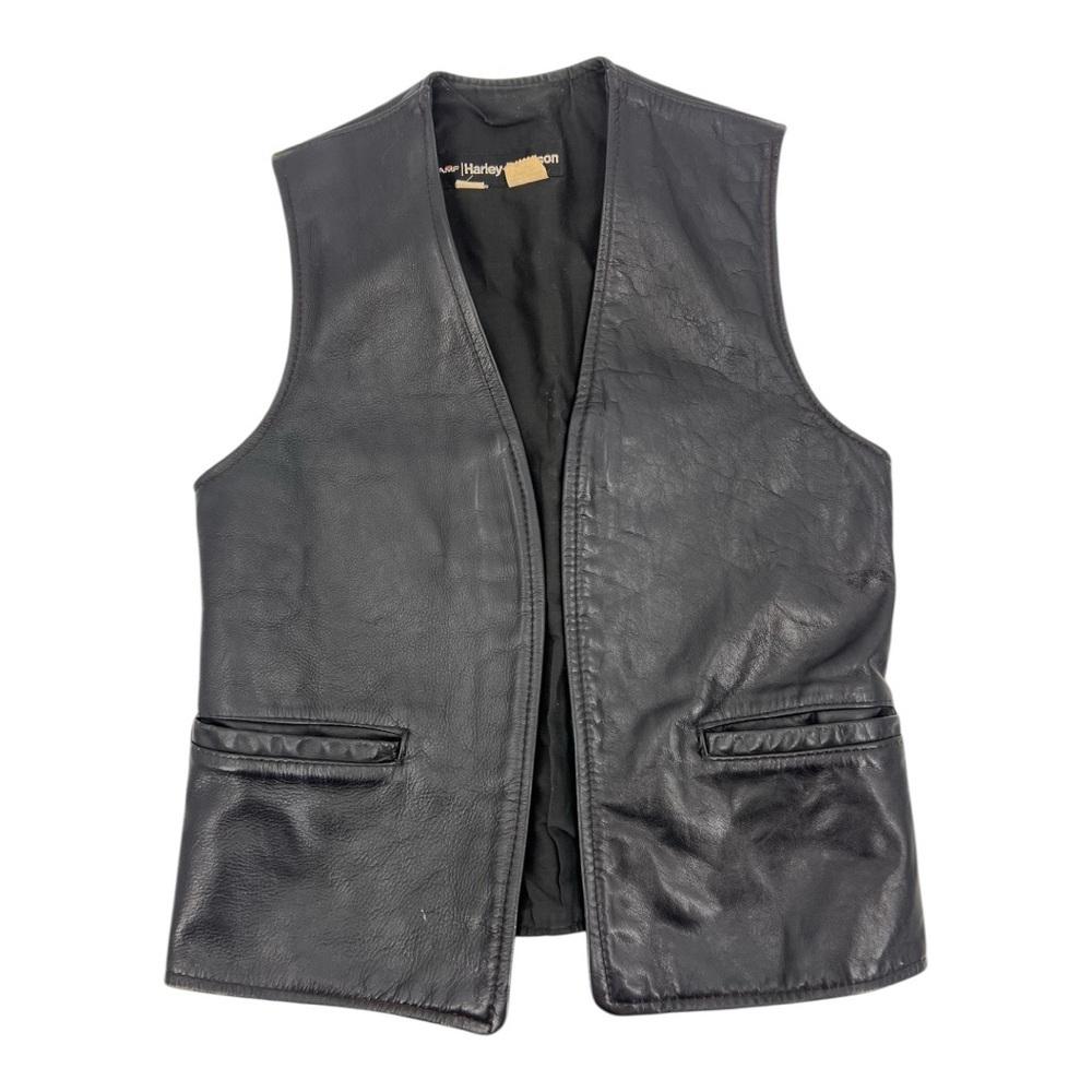 Vintage AMF Harley-Davidson black leather motorcycle vest From 1970s early 1980s
